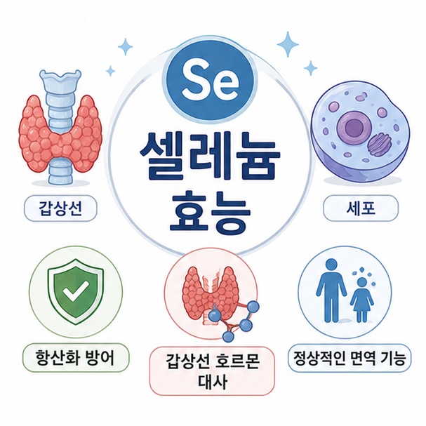 셀레늄이 항산화 방어와 갑상선 호르몬 대사, 정상적인 면역 기능에 관여하는 필수 미네랄임을 보여 주는 그림