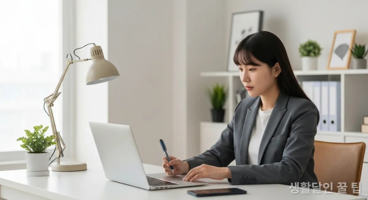 젊은 직장인이 깔끔하게 정리된 책상에서 예산을 확인하는 모습