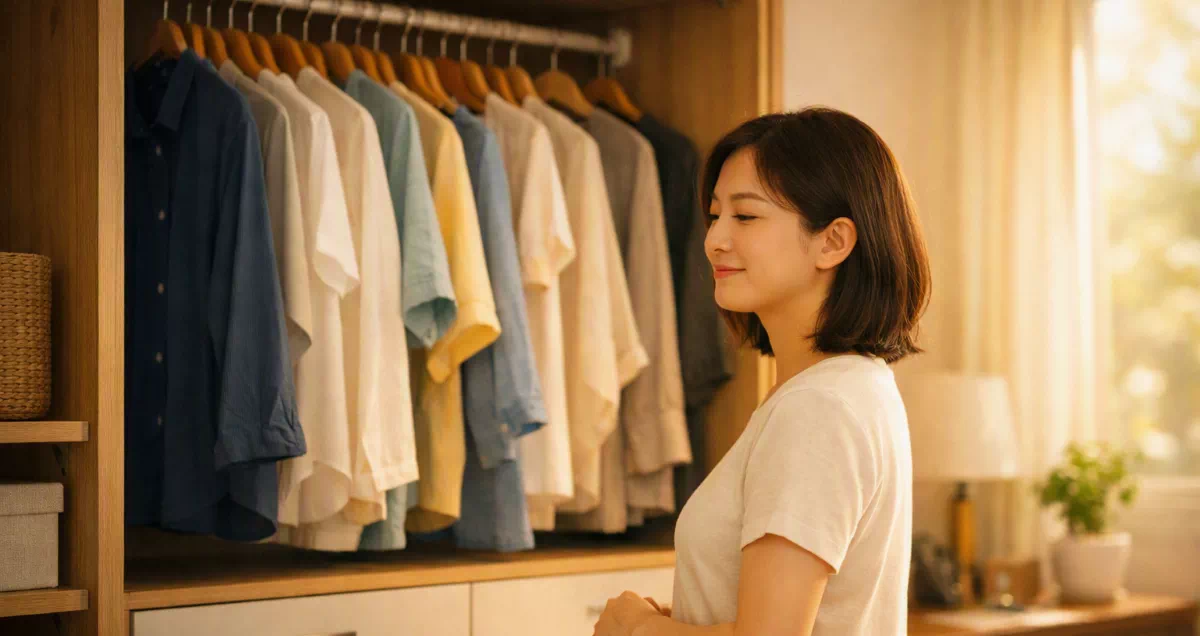 옷장 퀴퀴한 냄새 제거를 위해 옷장을 정리하는 모습