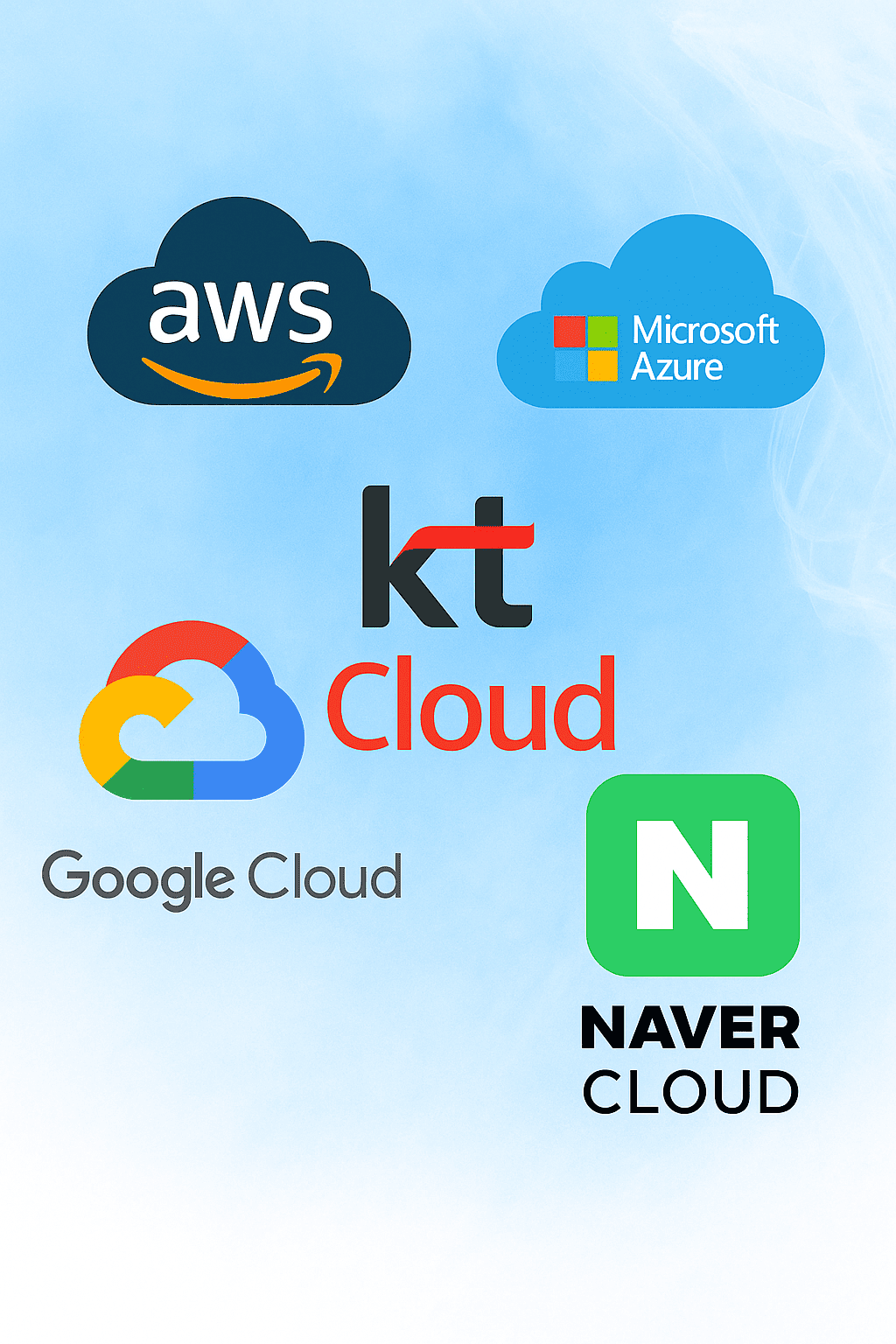 AWS, Microsoft Azure, Google Cloud, KT Cloud, NAVER Cloud 로고가 포함된 배경 이미지