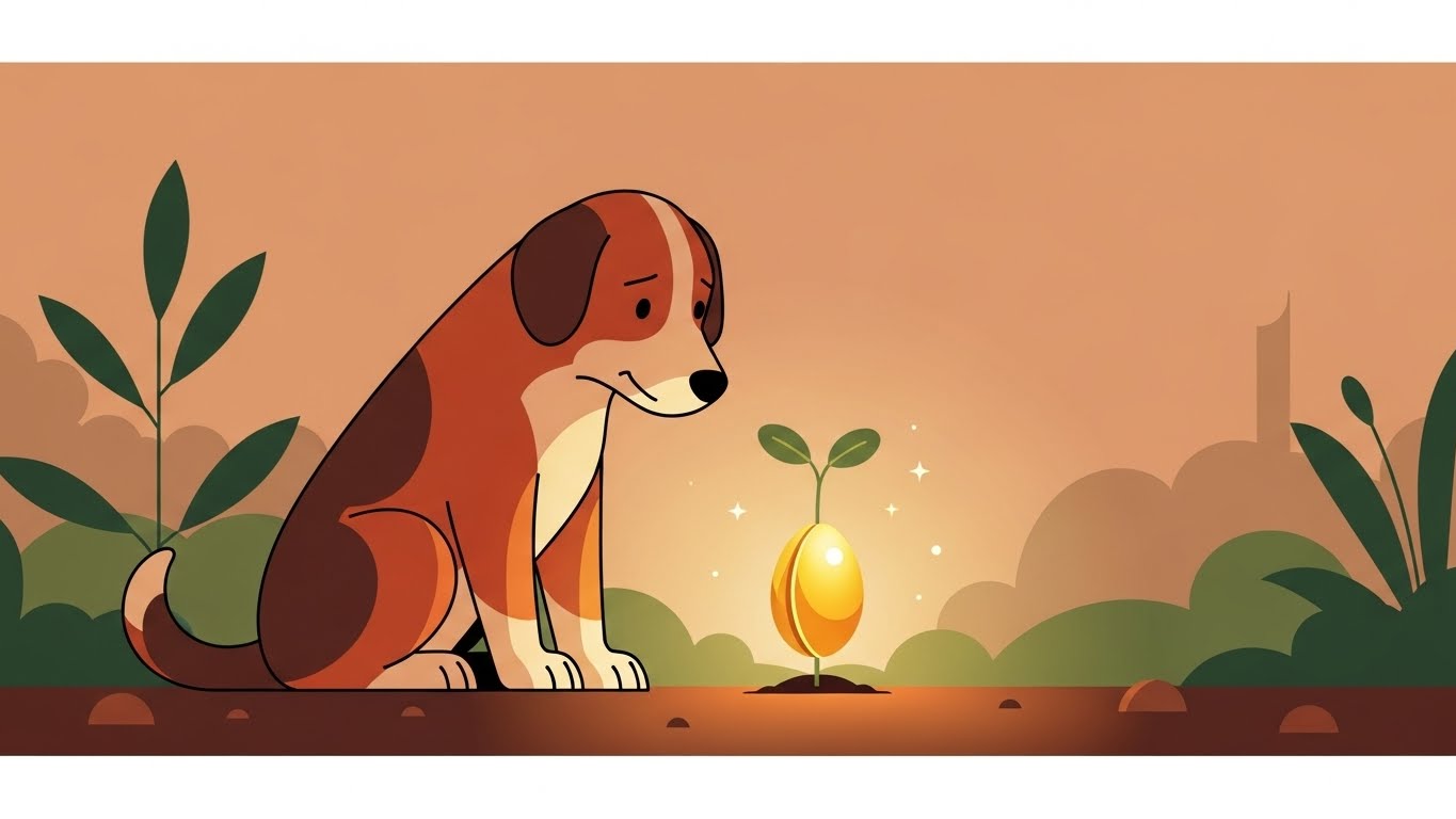 정성껏 심은 행운의 씨앗을 신뢰와 성실함으로 지키며 보답을 기다리는 개띠의 따뜻한 벡터 그래픽