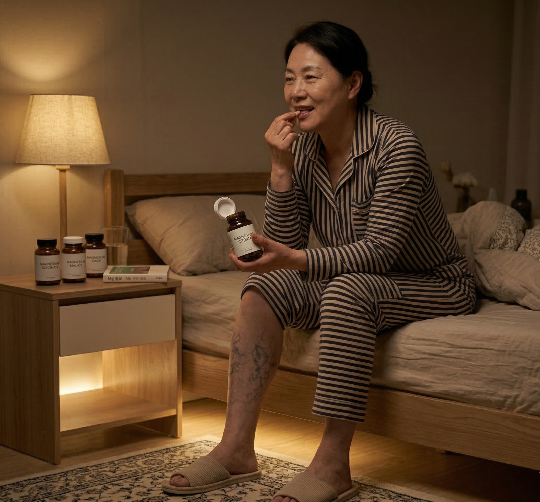 취침 전 마그네슘을 복용하는 중년 여성
