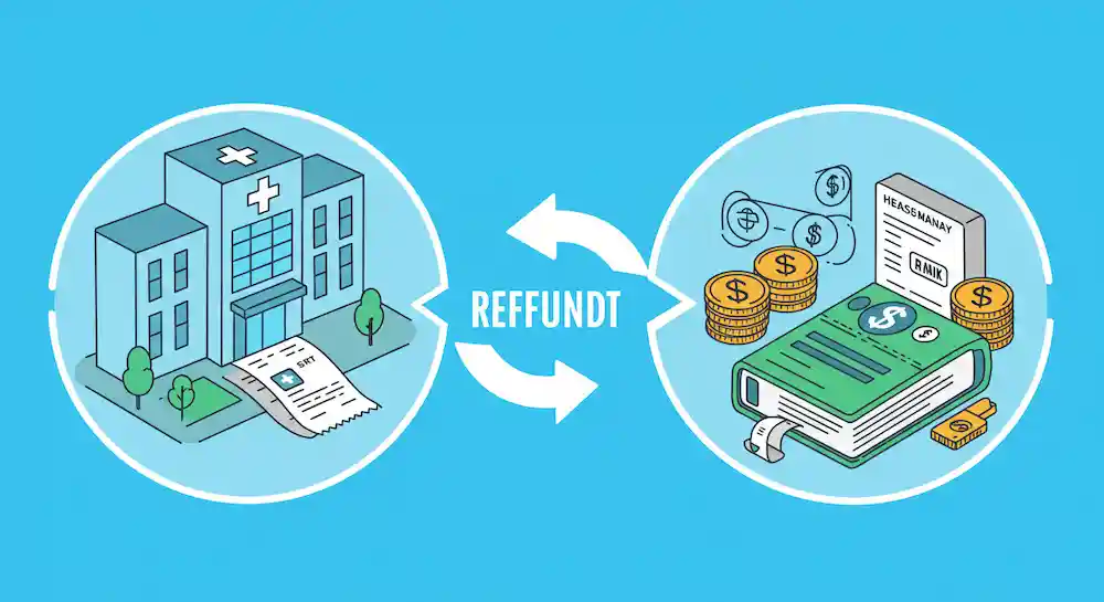국민건강보험 환급을 상징하는 이미지, 병원과 의료비 영수증, 통장으로 돈이 입금되는 장면, 파랑&middot;초록 계열 아이콘 디자인