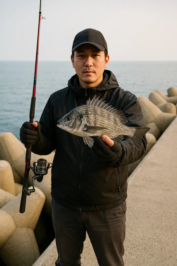 방파제에서 감성돔을 들고 있는 낚시꾼 모습