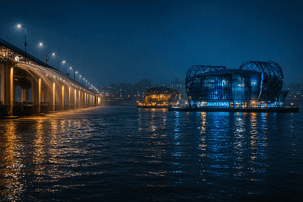 반포대교 & 세빛섬 – 빗물 위에 반사되는 도시의 빛