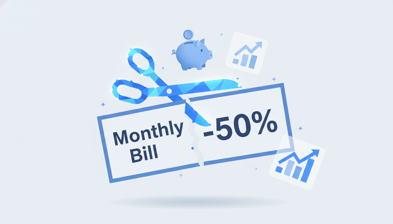 가계부 청구서가 반으로 잘리며 통신비가 절약되는 모습을 표현한 일러스트