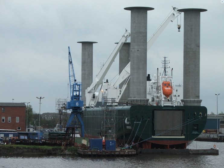 E-Ship 1 with Flettner rotors mounted