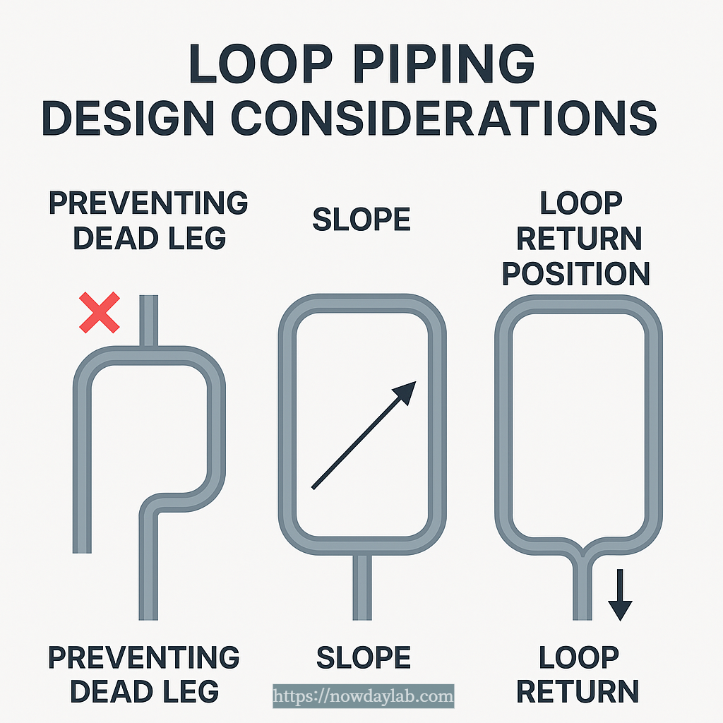 Loop piping design comparison – Dead leg prevention, slope maintenance, loop return position
