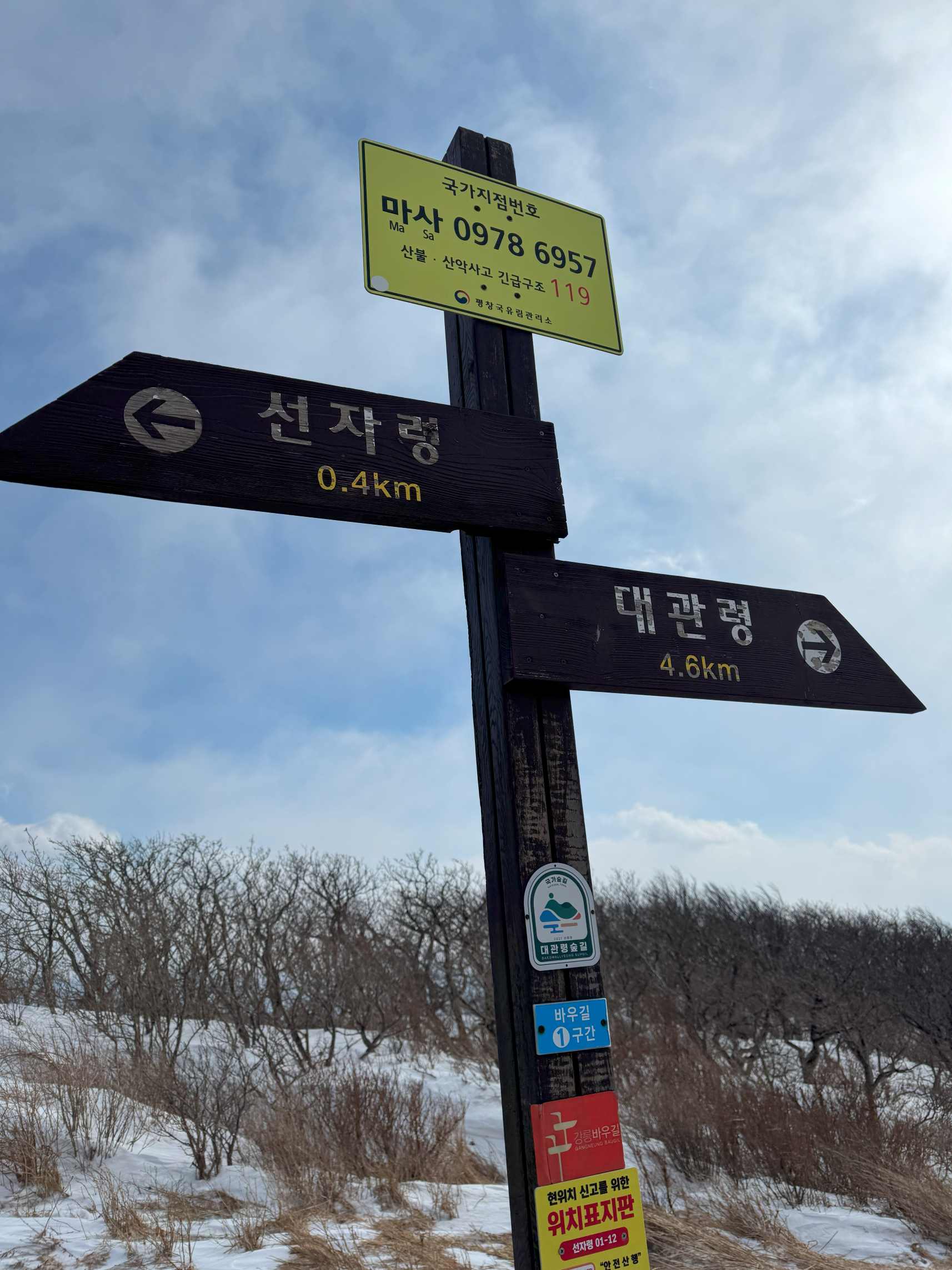 선자령 400미터 표지목