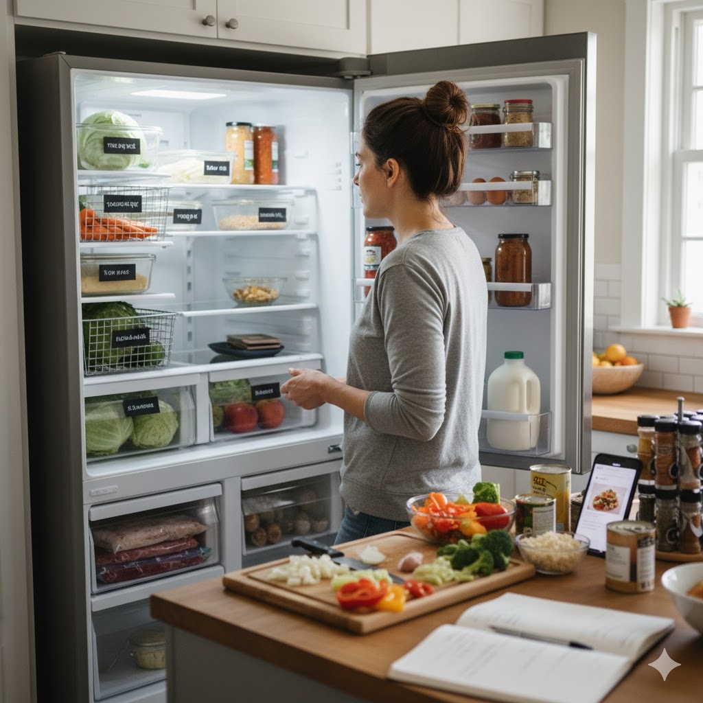 한 여성이 깔끔하게 정리된 냉장고 문을 열고 내부를 들여다보고 있다. 냉장고 안에는 투명 용기에 담겨 라벨이 붙은 채소와 식료품들이 잘 정돈되어 있다. 여성 앞의 주방 조리대 위에는 다양한 채소가 손질되어 있고, 요리책과 태블릿이 놓여 있어 식사를 준비하는 모습을 연출한다.