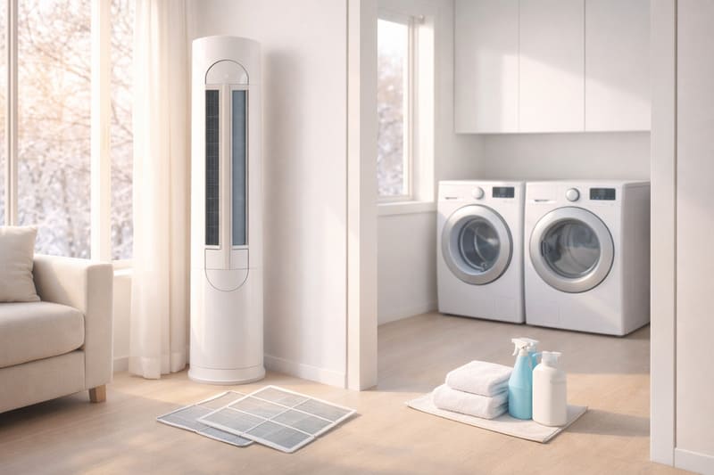 거실에 놓인 스탠드형 에어컨과 세탁기 옆에 필터와 청소용품이 정리된 점검 환경 이미지입니다.