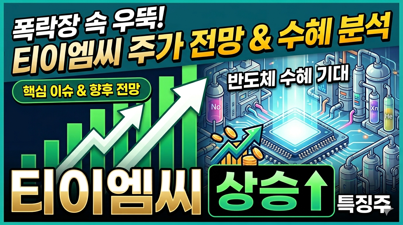 반도체 특수가스 전문 기업 티이엠씨(TEMC)의 주가 급등을 나타내는 썸네일 이미지. '폭락장 속 우뚝! 티이엠씨 주가 전망 &amp; 수혜 분석'이라는 노란색 대형 타이틀과 함께 우상향하는 초록색 화살표와 막대그래프가 배치되어 있습니다. 오른쪽에는 반도체 칩과 가스 정제 설비 일러스트가 그려져 있으며, 하단에는 '티이엠씨 상승&uarr; 특징주'라는 문구가 강조되어 실시간 급등주임을 시각적으로 표현하고 있습니다.