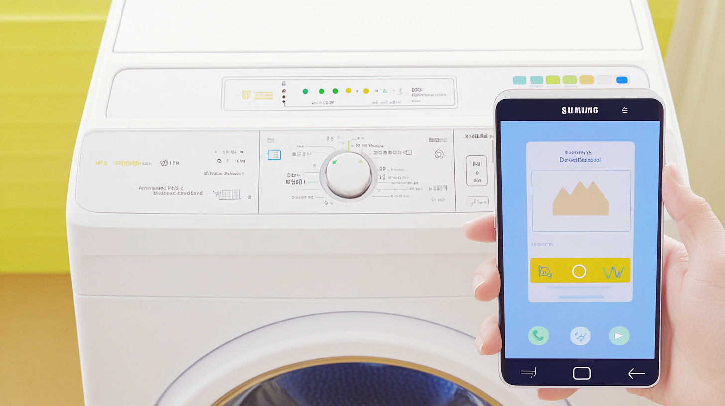 삼성 그랑데 세탁기와 사용자 친화적인 스마트폰 앱의 상호작용 장면. 원격 제어와 스마트 진단 기능을 가진 선명한 인터페이스 시연, 편리하고 기술적으로 앞선 느낌.