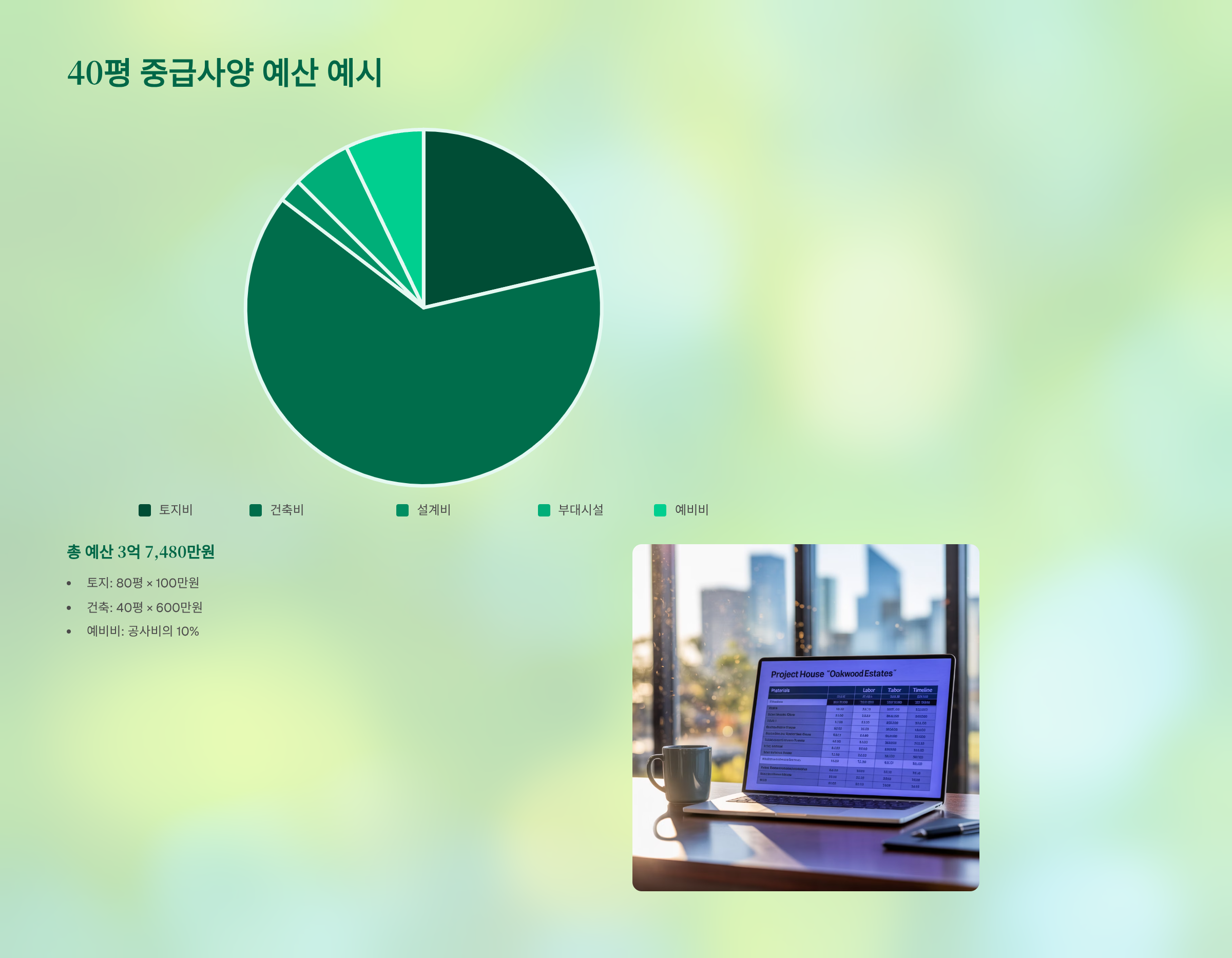 40평 중급 사양 예산 파이차트—항목: 토지·건축·설계비·부대시설·예비비, 총계 약 3억7,480만 원(예시)