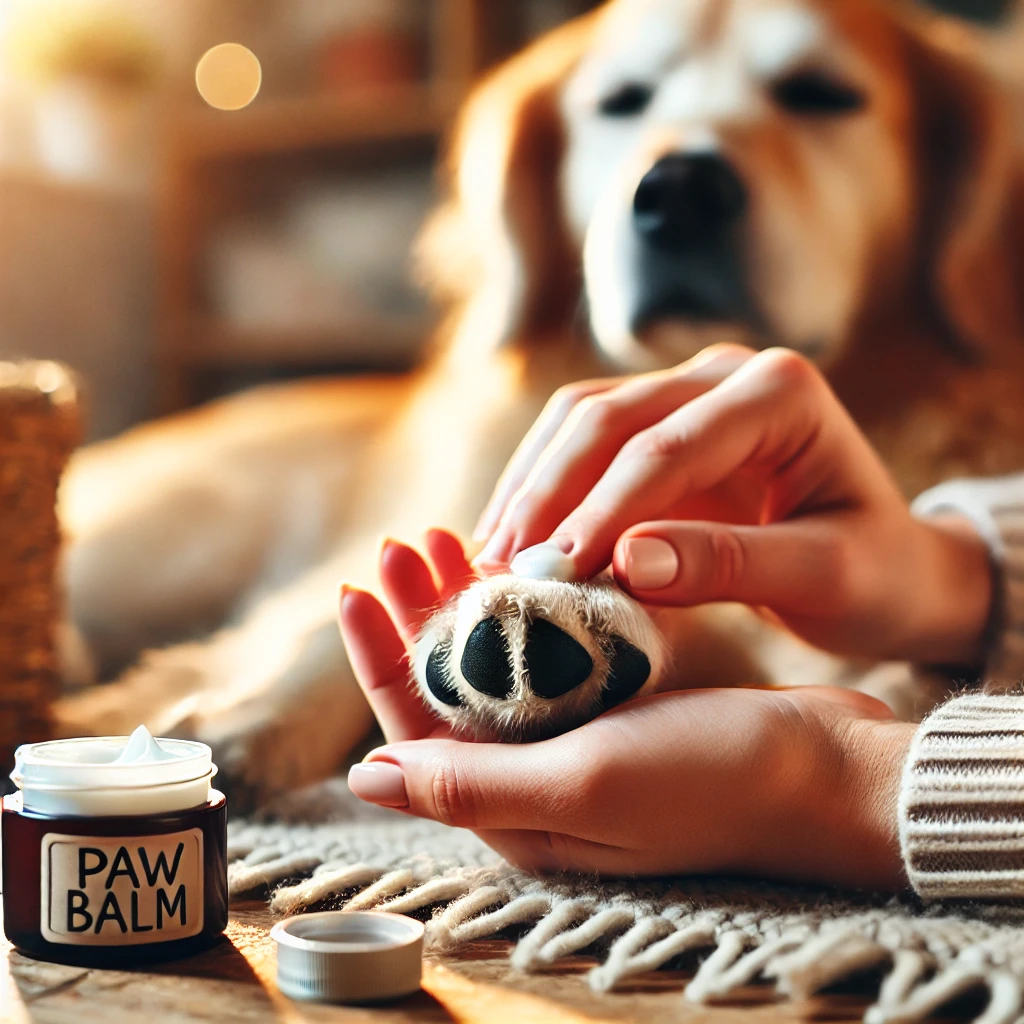 골든 리트리버 성견 1마리가 발바닥 연고를 바르며 발바닥 관리를 받고 있음