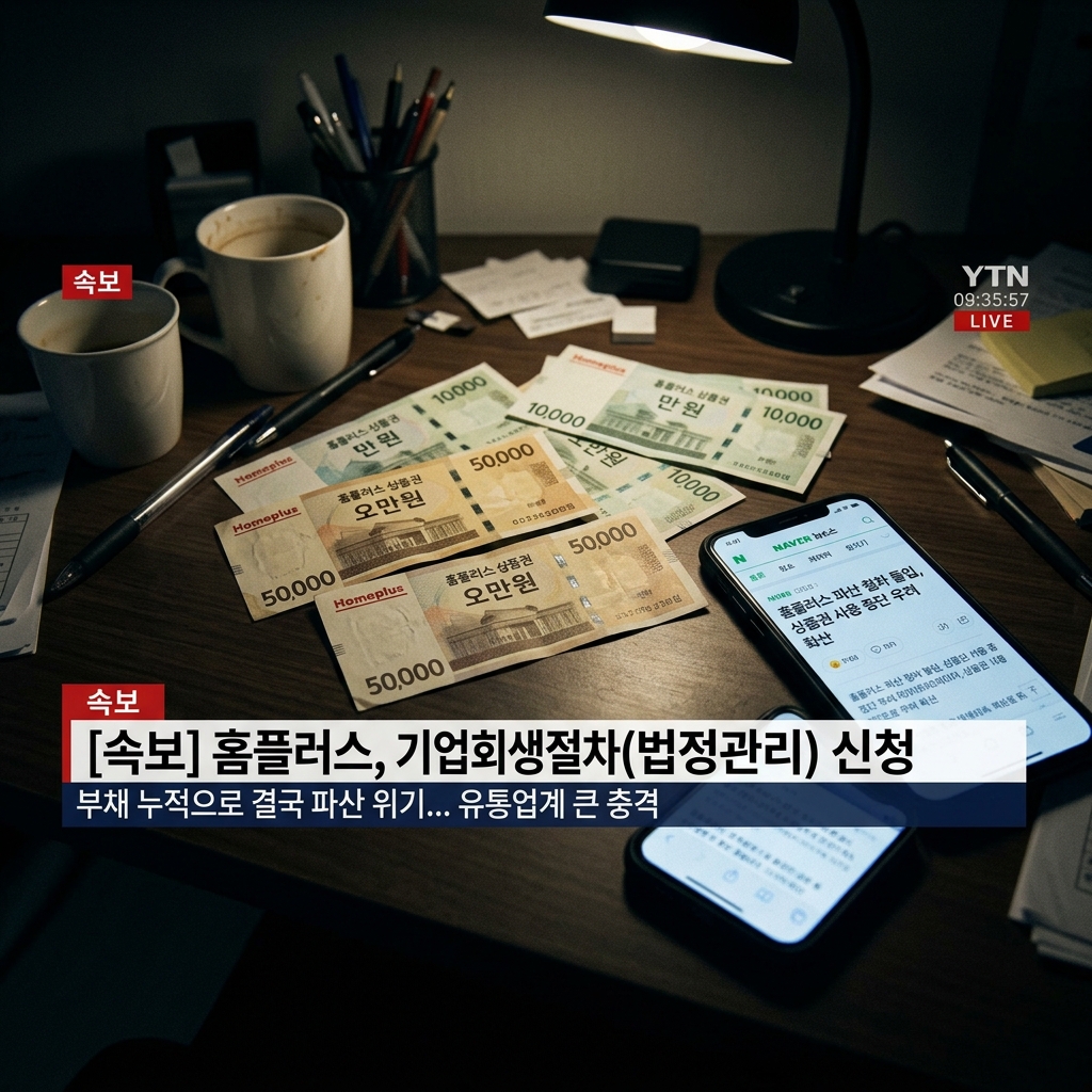 한국 스마트폰 화면의 대형마트 파산 자산 동결 뉴스와 책상 위에 흩어져 있는 홈플러스 종이 상품권