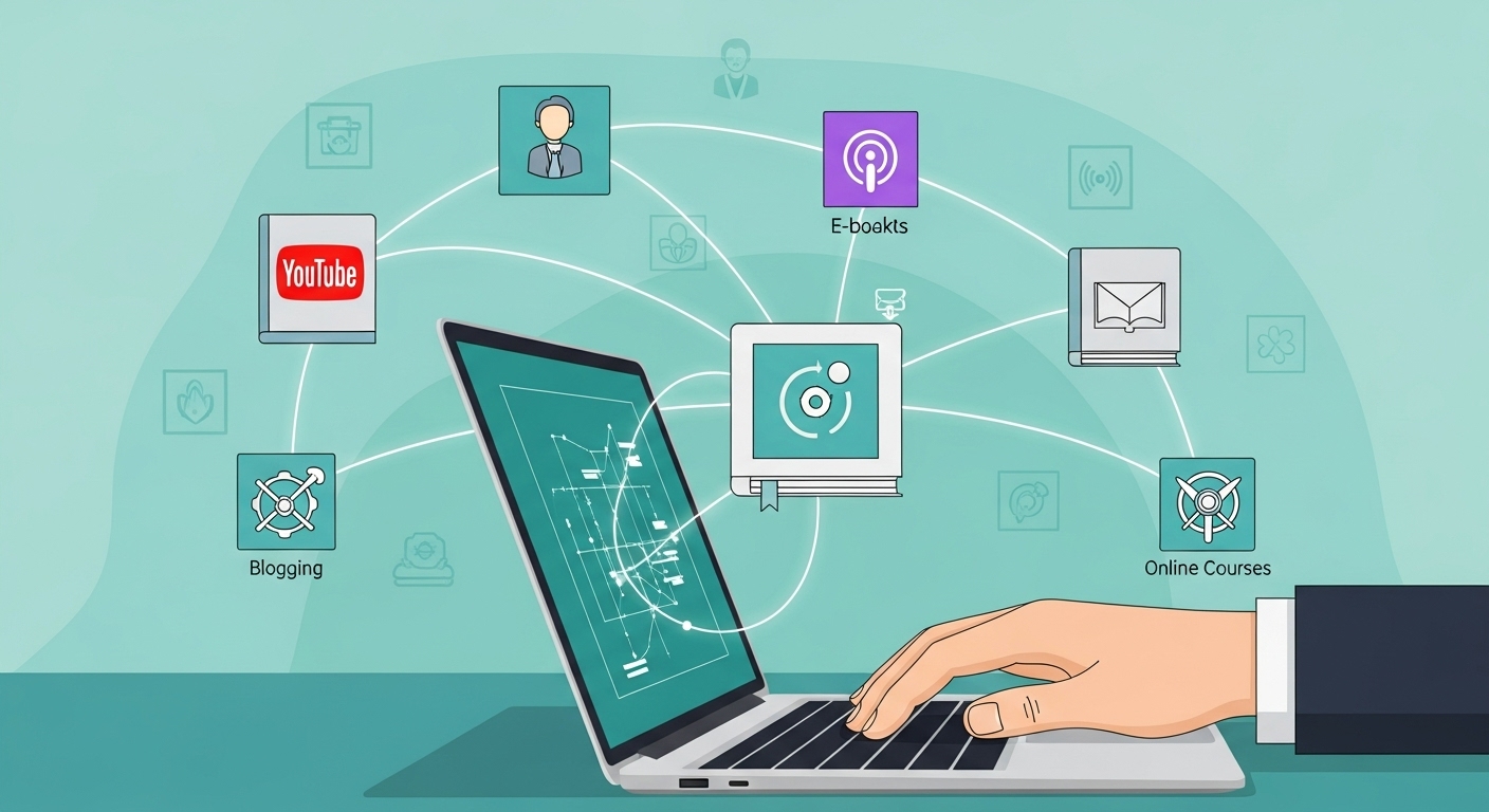 ๋ค์ํ ๋์งํธ ์ฝํ
์ธ  ํ๋ซํผ๋ค์ด ์๋ก ์ฐ๊ฒฐ๋์ด ์์ต ํ์ดํ๋ผ์ธ์ ํ์ฑํ๋ ๋ชจ์ต์ ํํํ ์ฝํ. ๋
ธํธ๋ถ์ผ๋ก ์์
ํ๋ ์๊ณผ ๋ธ๋ก๊ทธ, ์ ํ๋ธ, ํ์บ์คํธ ๋ฑ์ ์์ด์ฝ์ด ๋ณด์ด๋ฉฐ ์จ๋ผ์ธ ์์ต ์ฐฝ์ถ์ ์ํธ ์ฐ๊ฒฐ์ฑ์ ๊ฐ์กฐ.