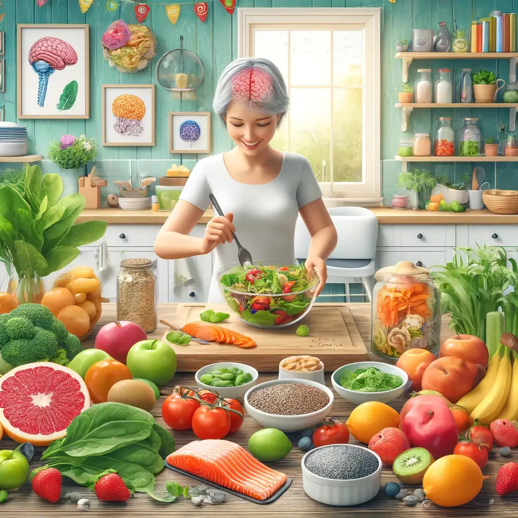 뇌 건강에 좋은 다양한 음식이 눈에 띄게 진열된 활기 넘치는 주방 장면