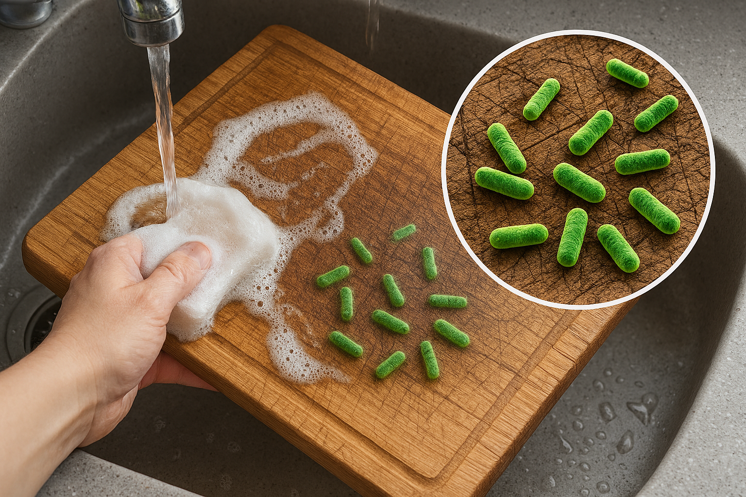 도마를 세척하는 과정과 표면 틈새에 남는 세균 증가 모습 이미지