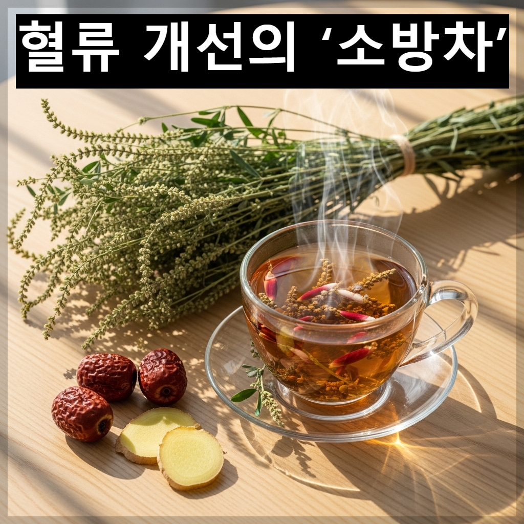 혈관 건강에 도움을 주는 야관문 건초와 따뜻하게 우려낸 야관문 차 이미지