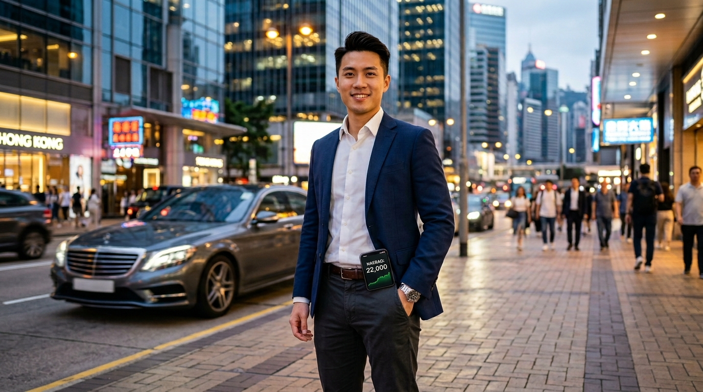 외제차 차 키를 내려놓고 나스닥 지수 상승 전광판을 보며 웃는 청년 투자자