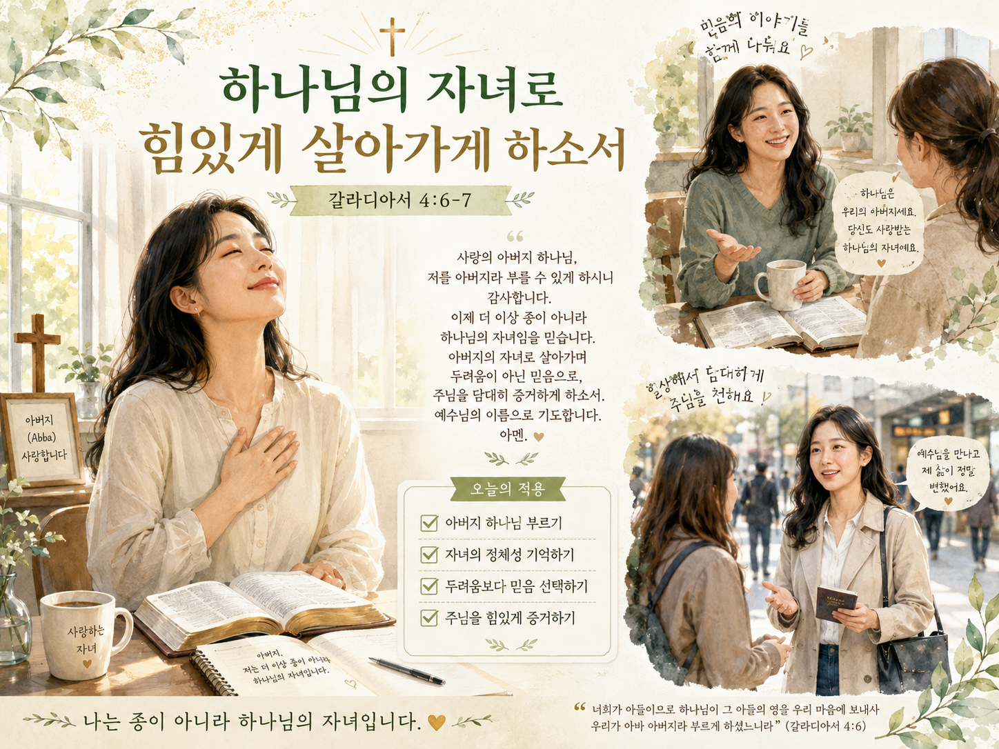 갈 4:6-7 말씀에서 하나님을 아버지라 부르며 노예가 아니라 하나님의 자녀가 되었음을 인식하며 자녀로서 자아상을 가지고 힘있게 주님을 증거하려는 시도를 하는 모습입니다.