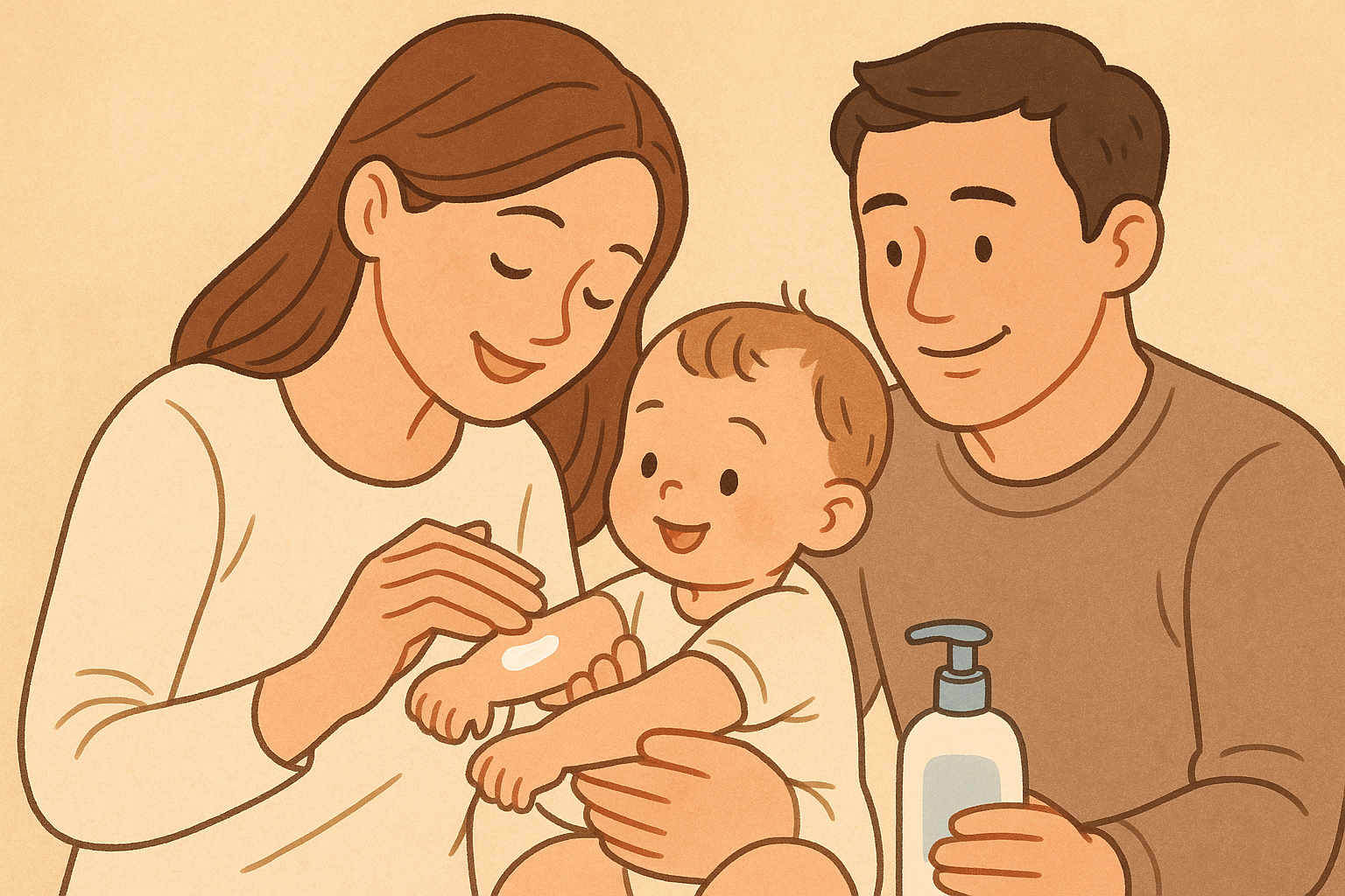 아기 피부에 로션을 발라주는 엄마와 아기의 장면