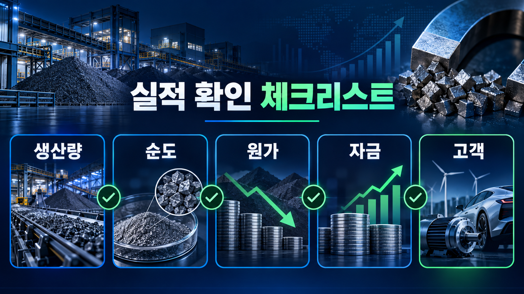 생산량 순도 원가 자금 고객 다섯 항목의 희토류 관련주 실적 확인 체크리스트