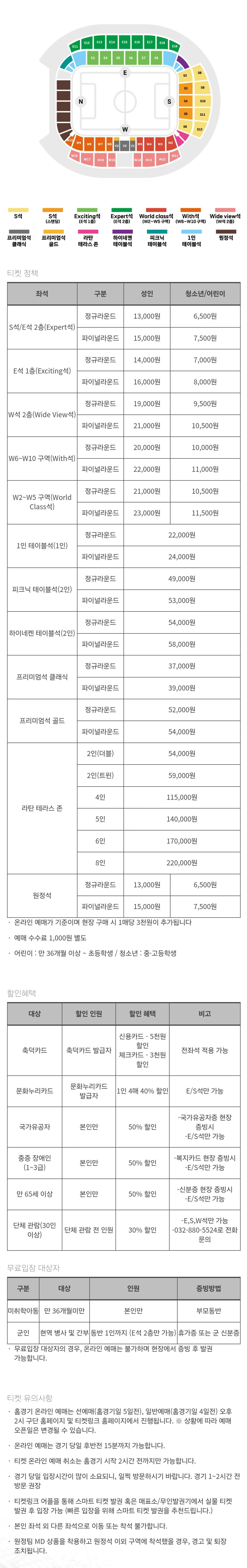 인천유나이티드 인천축구전용경기장 홈경기 좌석 배치도, 입장권 요금, 티켓 가격, 할인, 무료입장 등 관람안내