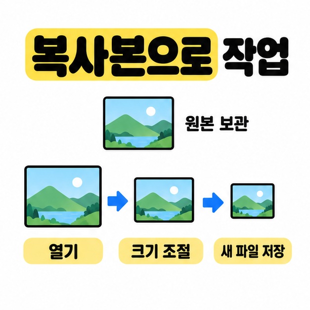 원본을 따로 보관하고 복사본을 열어 크기를 조절한 뒤 새 파일로 저장하는 흐름