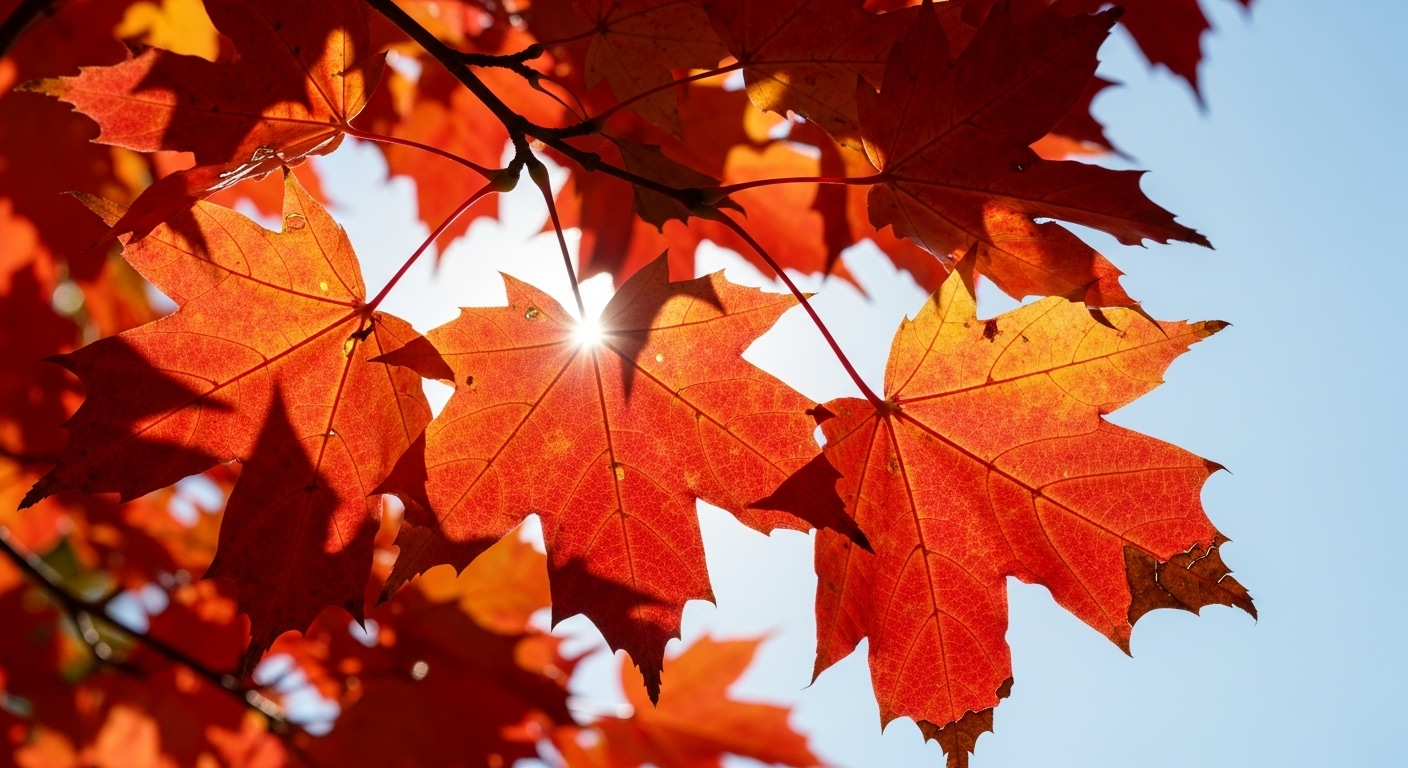 2025년 가을 화담숲에서 찍은 선명한 붉은색과 노란색 단풍잎 클로즈업 사진. 햇빛이 나뭇잎을 비추며 가을의 아름다움을 강조합니다.