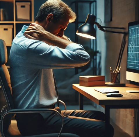 오랜시간 의자에 앉아있어서 목과 등에 통증을 느끼는 40대 남자