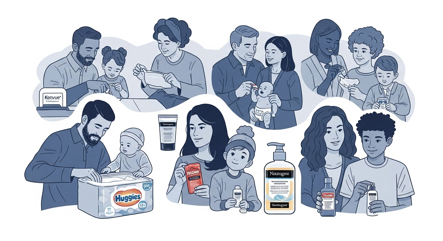 일상 속 다양한 순간에서 킴벌리클라크와 켄뷰의 통합 브랜드 제품들을 편리하게 사용하며 만족하는 소비자들의 모습.