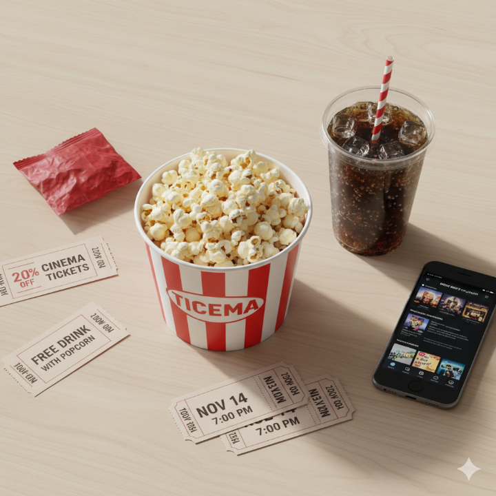영화관 할인 쿠폰, 팝콘, 음료 등이 있는 이미지
