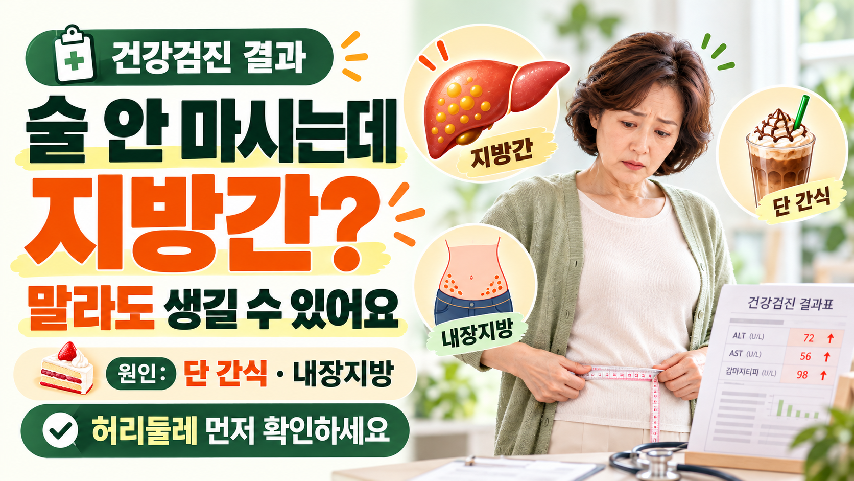 중년 여성이 허리둘레를 재는 모습과 지방간, 단 간식, 내장지방을 설명하는 건강정보 이미지.