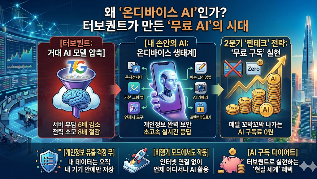 인포그래픽: 터보퀀트가 여는 온디바이스 AI와 무료 구독 시대] 왜 &lsquo;온디바이스 AI&rsquo;인가? 터보퀀트가 만든 &lsquo;무료 AI&rsquo;의 시대. 거대 AI 모델 압축을 통해 서버 부하 6배 감소 및 8배 전력 절감을 시현하고, 스마트폰 내에서 개인정보 유출 없는 보안 AI 에이전트 구동을 시각화함. 매달 지출되는 AI 구독료를 0원으로 줄이는 2분기 짠테크 전략 요약. [English Description: Infographic of TurboQuant's transition to On-device AI and the era of Free Subscription. Visualizing LLM compression, 6x server load reduction, 8x power saving, and secure local AI agent execution on smartphones. Strategy for zero-cost AI subscription and personal wealth growth in 2026.