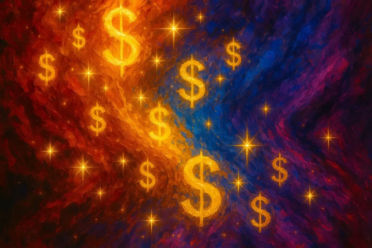 화려한 우주 배경에 빛나는 달러 기호들