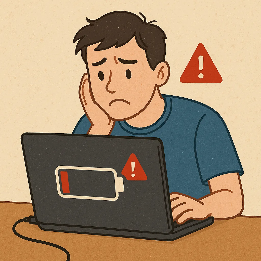 노트북-배터리를-완전히-방전했을-때-발생할-수-있는-문제를-상징적으로-표현한-일러스트-걱정하는-사용자와-경고-아이콘-이미지