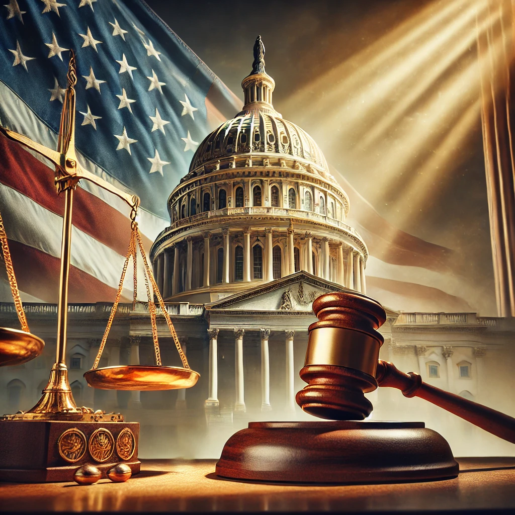 미국의 국회의사당과 정의의 저울, 망치와 국기를 그려놓은 그림