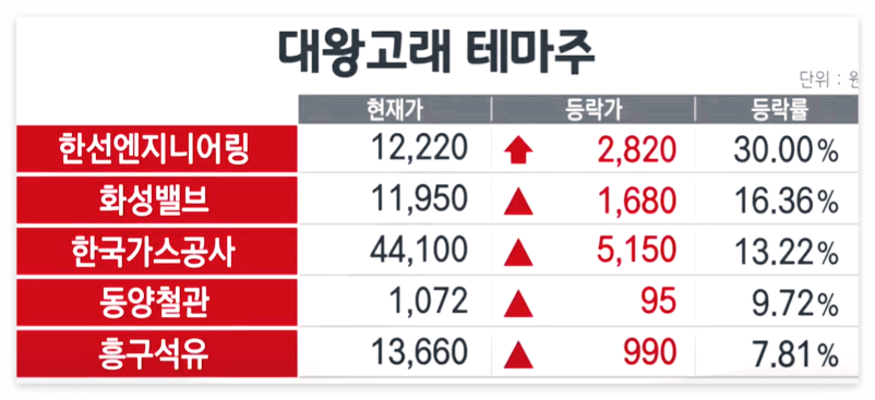 대왕고래-관련-테마주-각-부문-대장주들!-대표적으로는-한선엔지니어링,-화성밸브,-한국가스공사,-동양철관,-흥구석유-등이-있다.