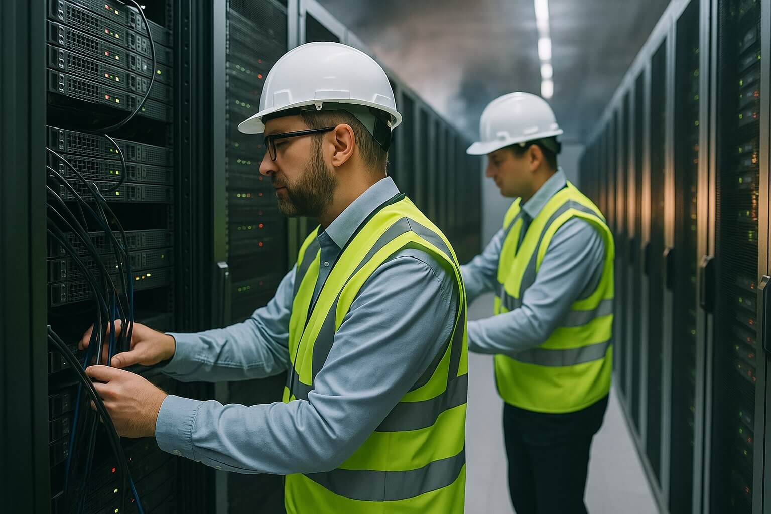 서버실에서 케이블을 점검하는 IT 엔지니어들