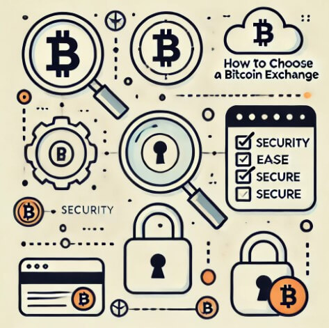 비트코인 그림과 좌물쇠 표시와 거래소 선택시에 체크해야 할 사항들이 함께 그려진 그림