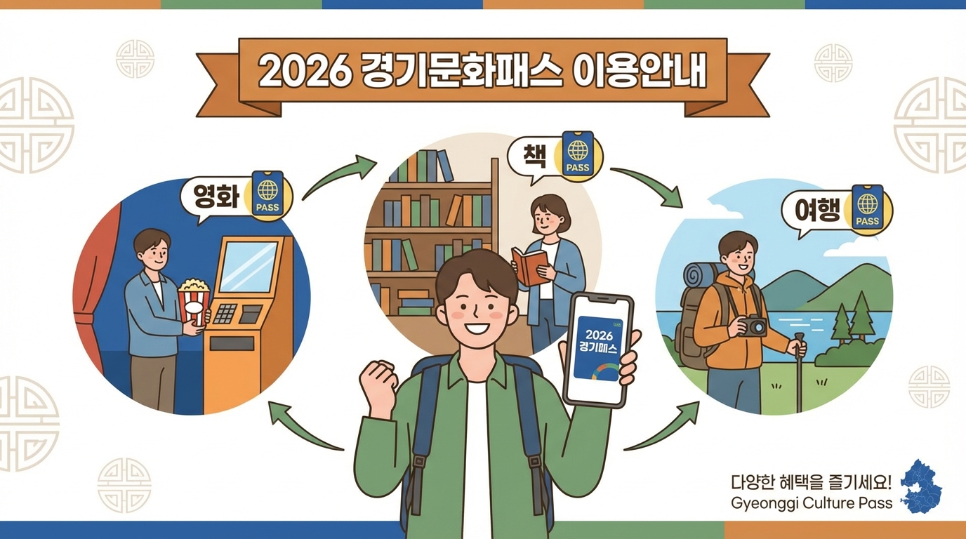 경기컬처패스 당첨 후 영화, 도서, 여행 등 다양한 제휴처에서 사용하는 모습의 일러스트