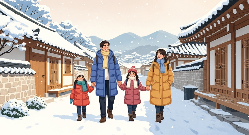 눈 내리는 한옥 마을을 배경으로 따뜻한 옷을 입고 행복하게 걷고 있는 4인 가족의 일러스트