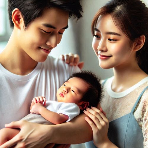 신생아를 안고 있는 젊은 부부