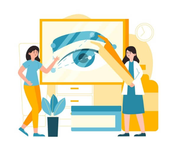 안과에서 환자와 의사가 대화 중인 모습