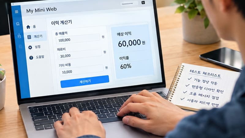 <img src=&rdquo;mini-web-prototype-testing.jpg&rdquo; alt=&rdquo;간단한 웹서비스 시제품을 테스트하고 기능을 개선하는 디지털 창업자의 작업 모습&rdquo;>