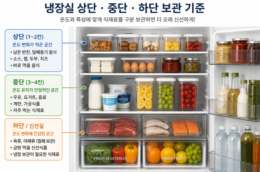 냉장실 상단, 중단, 하단과 신선실에 식재료를 구분해 보관하는 기준을 보여주는 냉장고 정리법 이미지