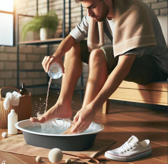무좀 예방을 위해 발을 씻고 있는 남성