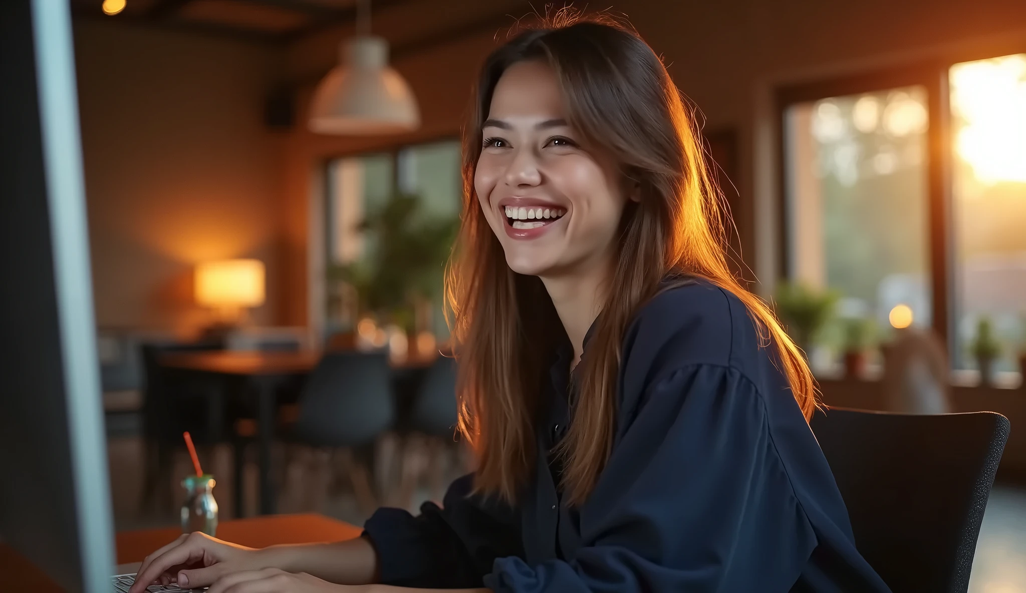 블로그를 하며 웃는 여자 이미지